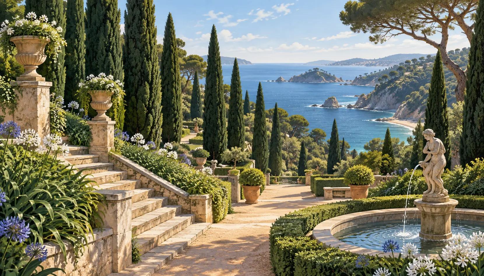 Ilustración editorial de jardines mediterráneos en terrazas frente a la Costa Brava