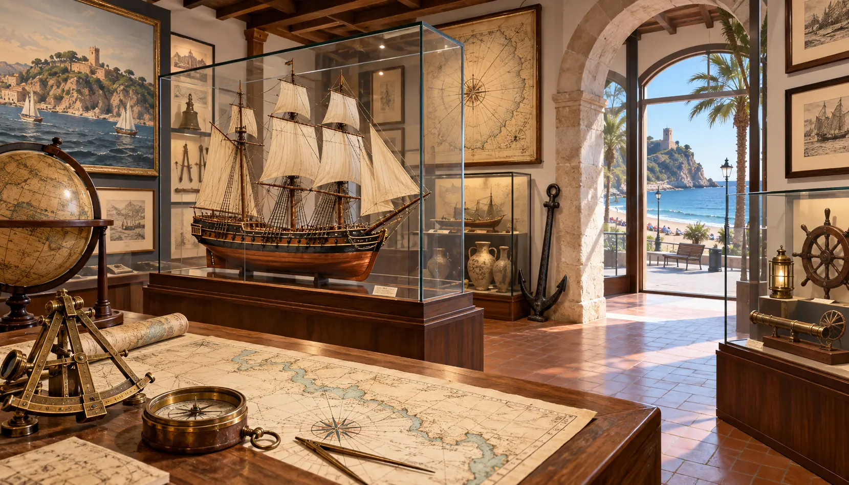 Ilustración editorial de un museo marítimo con maqueta de velero y cartas de navegación