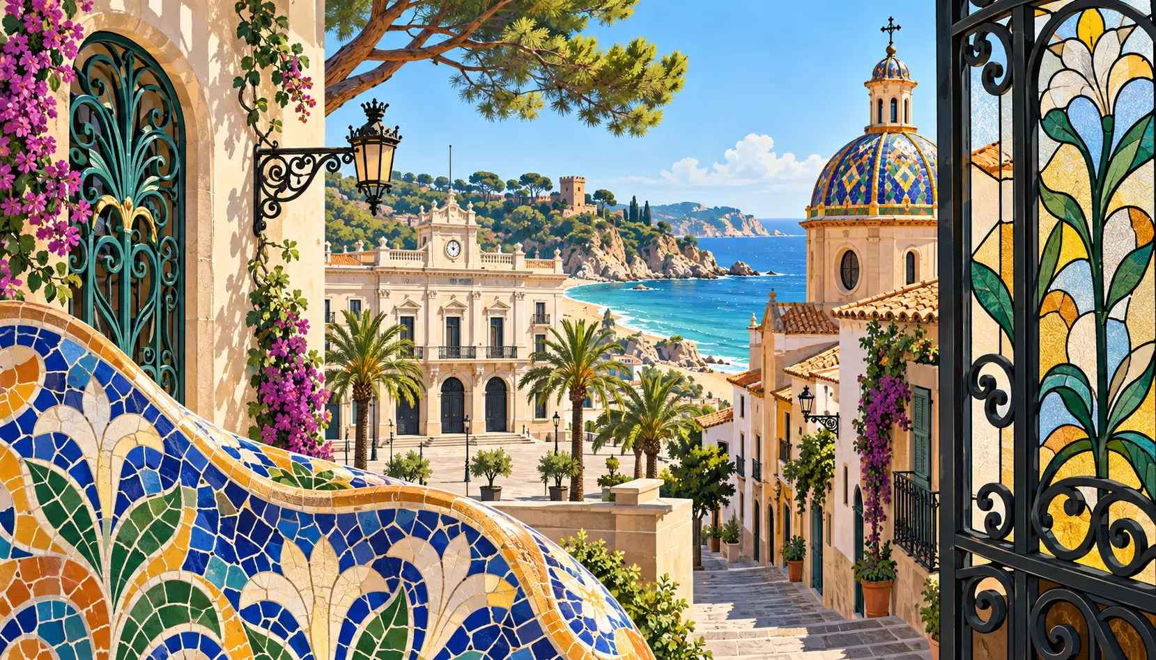 Ilustración editorial de una ruta modernista mediterránea con mosaicos, cúpula y arquitectura indiana
